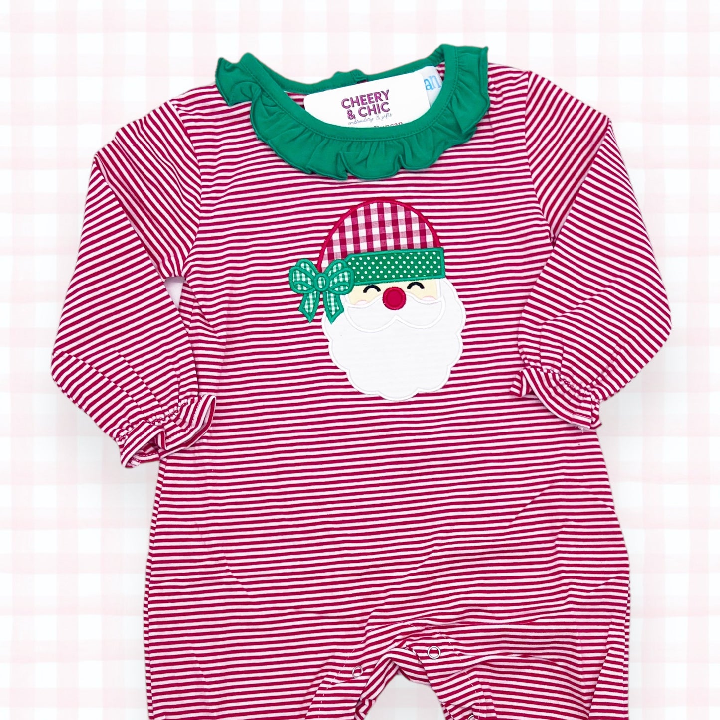 Santa Applique Ruffle Romper with Monogram