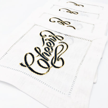 Cheers Embroidered Linen Cocktail Napkins