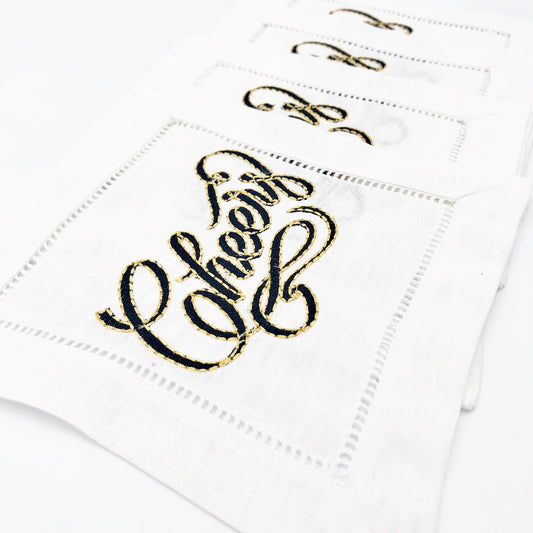 Cheers Embroidered Linen Cocktail Napkins