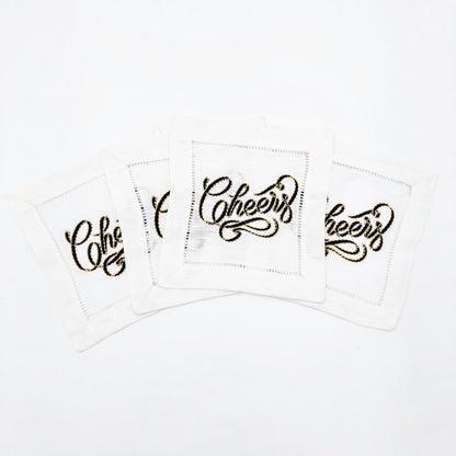 Cheers Embroidered Linen Cocktail Napkins